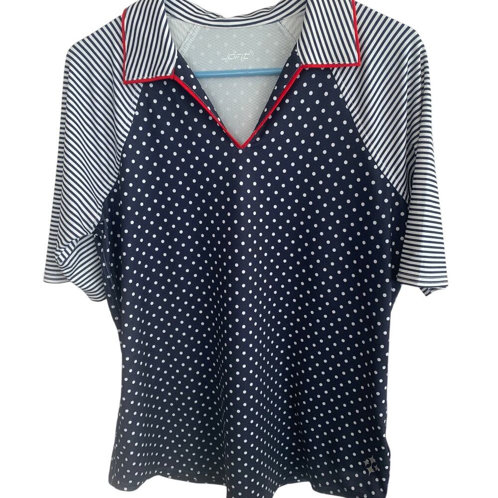 JoFit Golf Woman;s  Short Sleeve Polo Blue/White polka dots/Stripes Red Trim M